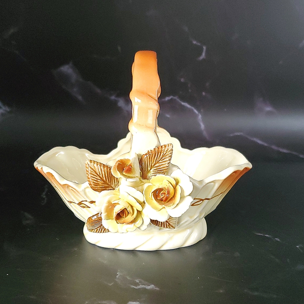 Pale Yellow and Brown Ceramic Basket with Sculpted Roses Giftcraft 1970s
